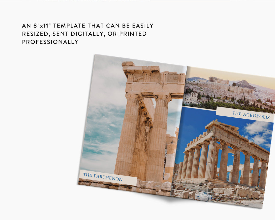 Digital Travel Scrapbook Template, Printable Travel Photo Album, Vacation Photograph Journal | Edit on Canva | Modern | GREECE THEME