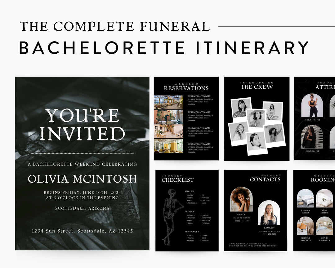 Funeral Bachelorette Itinerary Digital Template | Complete Bachelorette Planner | Edit on Canva | Printable | Customizable, Black, Modern