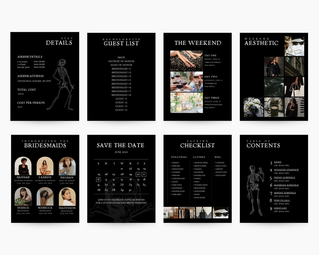 Funeral Bachelorette Itinerary Digital Template | Complete Bachelorette Planner | Edit on Canva | Printable | Customizable, Black, Modern