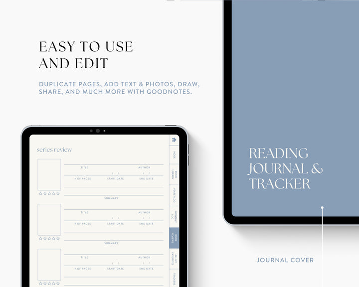 Digital Reading Journal Template for iPad & Tablet, Minimal Modern Reading Journal, Book Log, Book Journal for Goodnotes | BLUE