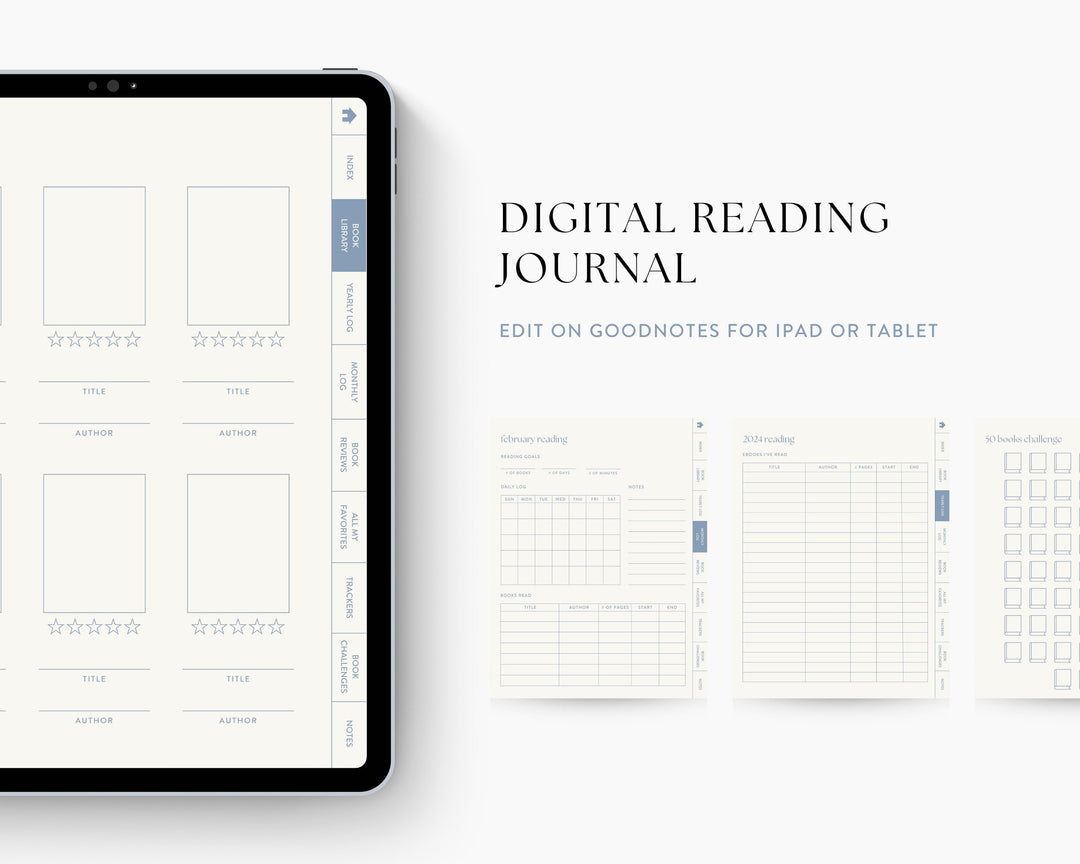 Digital Reading Journal Template for iPad & Tablet, Minimal Modern Reading Journal, Book Log, Book Journal for Goodnotes | BLUE