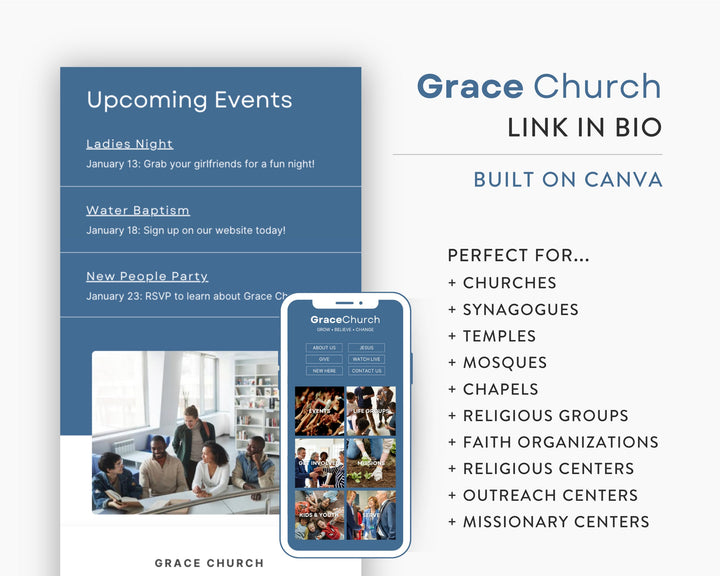 Canva Link in Bio Template for Churches, Chapels, Temples, Mosques, Faith Groups, Religious Centers | GRACE CHUCH Theme | Modern Minimal