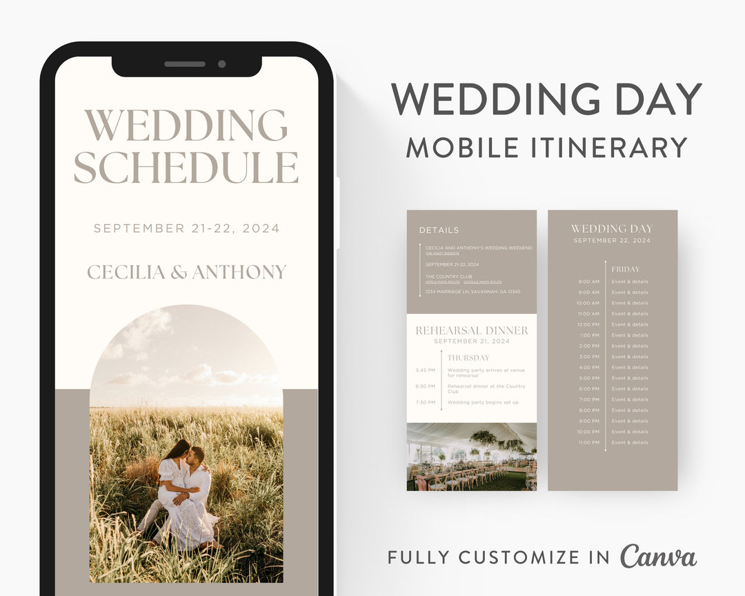 Mobile Wedding Itinerary Template, Edit on Canva, Wedding Day Guide, Editable Template, Wedding Planner Digital Template Digital Download