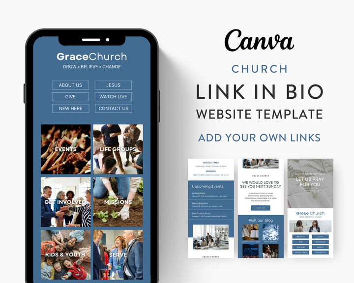 Canva Link in Bio Template for Churches, Chapels, Temples, Mosques, Faith Groups, Religious Centers | GRACE CHUCH Theme | Modern Minimal