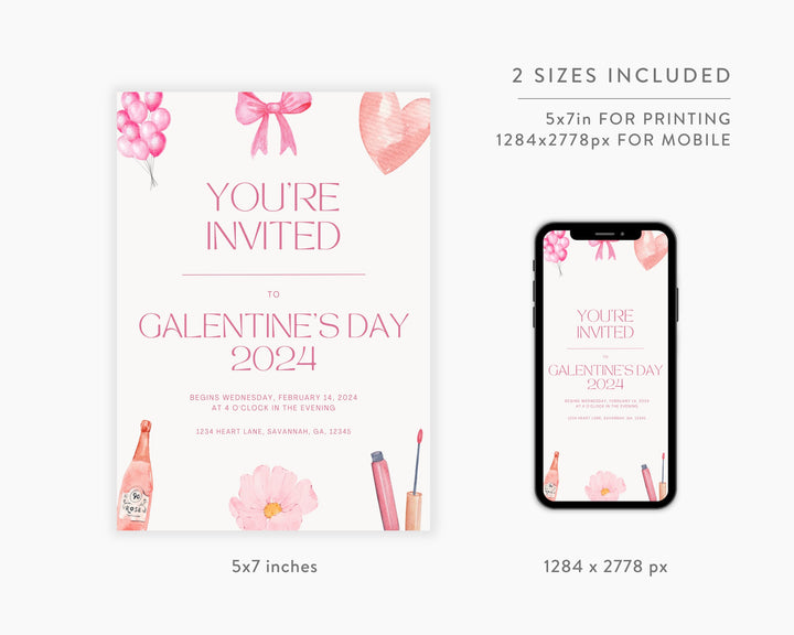 Galentine's Day Party Invitation Vertical, Edit on Canva, Digital Download, Printable Template Card, Digital Mobile Valentine's Party Invite