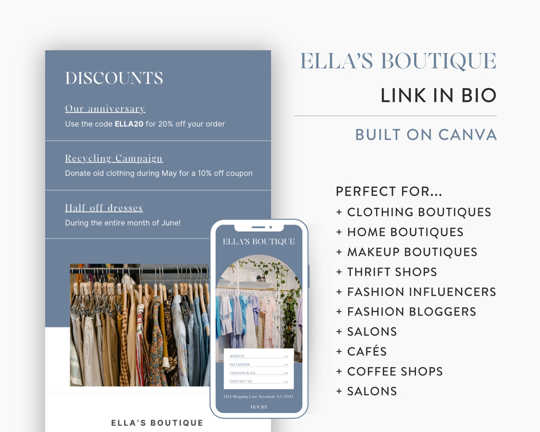 Canva Link in Bio Template for Boutiques, Clothing Stores, Fashion & Makeup Shops, Influencers, | ELLA's BOUTIQUE Theme | Modern Minimal