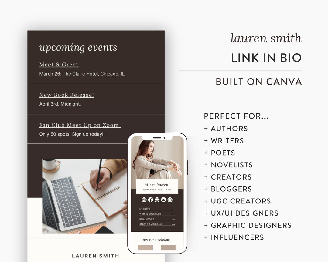 Canva Link in Bio Template for Authors, Writers, Poets, Novelists, Bloggers, Creators, Influencers | LAUREN SMITH Theme | Modern Minimal