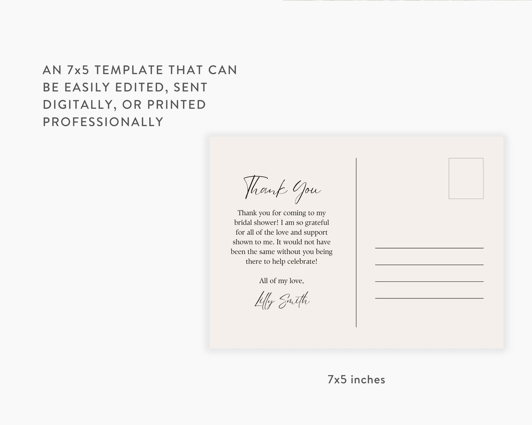 Thank You Bridal Shower Postcard Horizontal, Printable Template Card, Digital Minimalist Shower Card | Edit on Canva | Digital Download