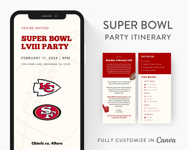 Super Bowl Itinerary Template, Edit on Canva, Printable Template Guide, Game Day Planner, Football Party Invitation, Digital Download