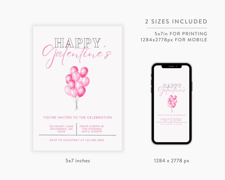 Galentine's Day Party Invitation Vertical, Edit on Canva, Digital Download, Printable Template Card, Digital Mobile Valentine's Party Invite