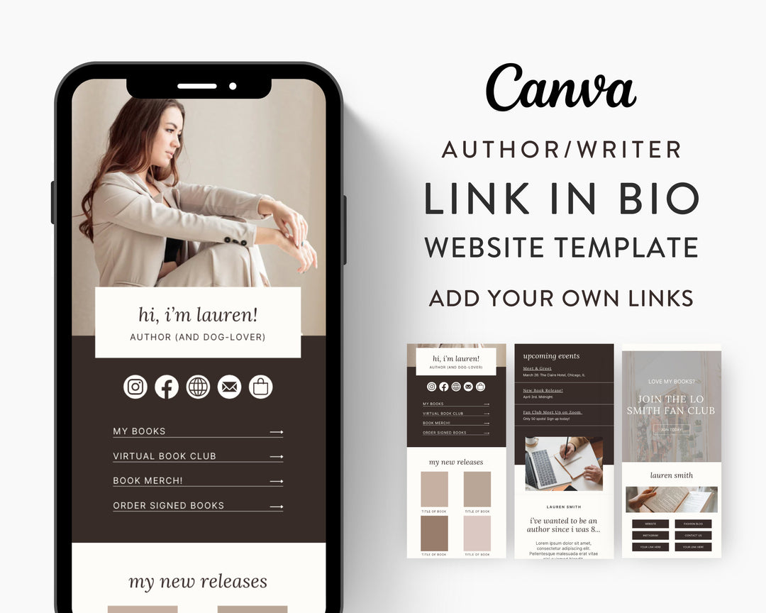 Canva Link in Bio Template for Authors, Writers, Poets, Novelists, Bloggers, Creators, Influencers | LAUREN SMITH Theme | Modern Minimal