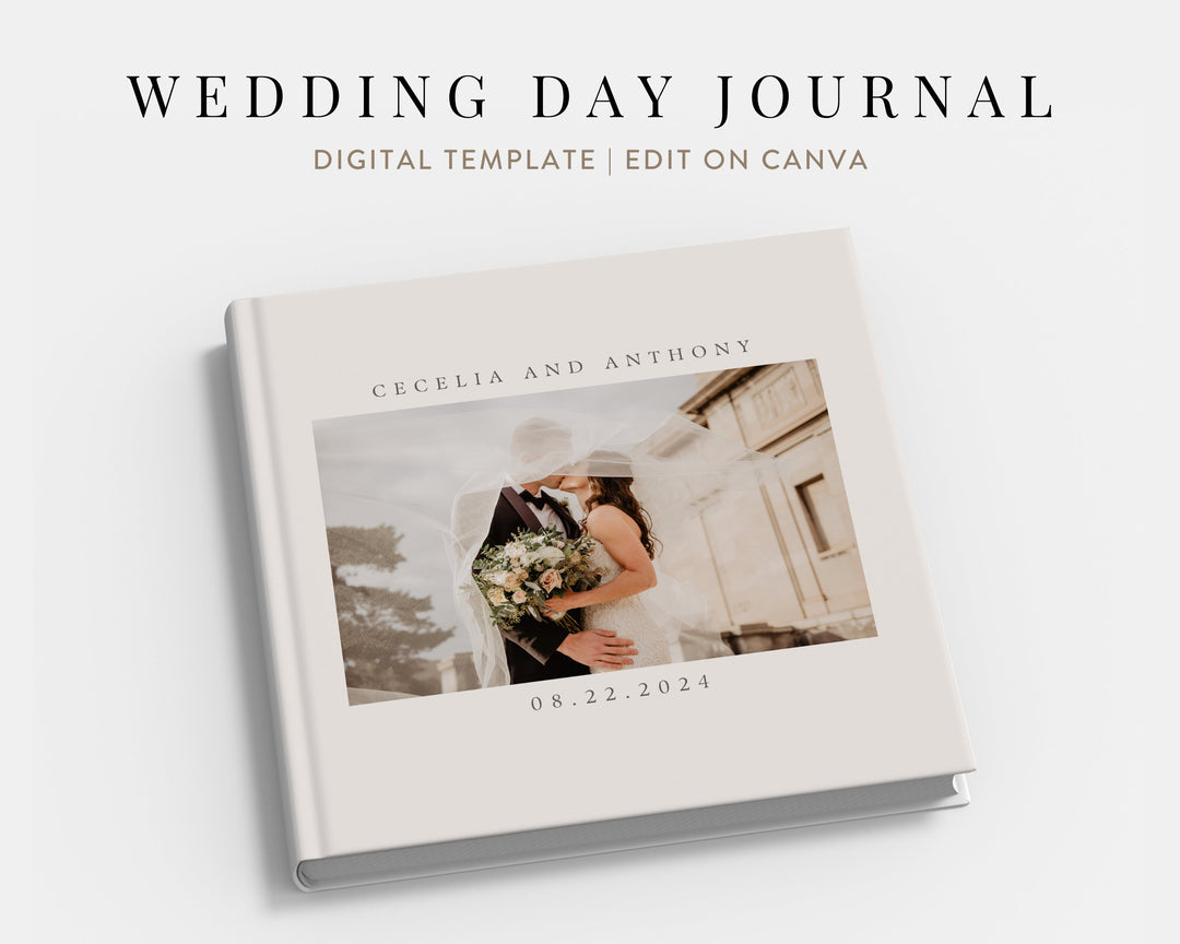 Digital Wedding Day Journal Template, Printable Wedding Day Scrapbook, Wedding Diary, Modern Wedding Weekend Book | Edit on Canva | Neutral